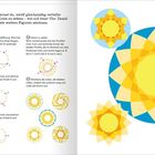 Anleitung zur Zeichnung einer Sonne mit zwölf Punkten und Kreisbögen, illustriert mit gelb-blauen Mustern.