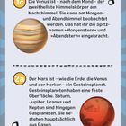 1c: Venus ist nach dem Mond am zweithellsten. 2a: Mars ist ein Gesteinsplanet, andere sind Gasplaneten. Links Venus, rechts Mars.