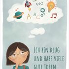 „Ich bin klug und habe viele gute Ideen.“ Kind denkt, umgeben von Symbolen: Rakete, Glühbirne, Planeten, Musiknoten.