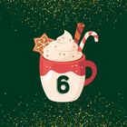 Die Zahl "6" auf einer dekorierten Tasse mit Sahne, Lebkuchen, Zuckerstange und grünem Hintergrund mit goldenen Punkten.