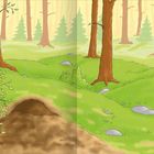 Illustration eines sonnigen Waldes mit hohen Bäumen, grünem Gras, kleinen Felsen und Büschen.