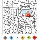 Zahlen von 1 bis 10, farbige Felder unten: Grau, Blau, Hellblau, Orange, Grün, Rot. Illustration eines Krankenwagens.