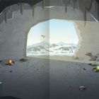 Illustration: Eine Höhle mit Eiern und einem kleinen Drachen, Blick auf schneebedeckte Berge und einen fliegenden Drachen draußen.