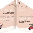 Eine Weihnachtsgeschichte mit Illustrationen: Ein Pinguin in Winterkleidung und ein Auto mit Weihnachtsbaum.