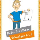 „Reden ist silber, Schweigen ist 5.“ Ein Junge mit gekreuztem Pflaster auf dem Mund hält eine schlechte Note.