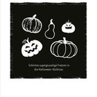 Text: "Schnitze supergruselige Fratzen in die Halloween-Kürbisse." Illustration von fünf Kürbissen mit unterschiedlichen Formen.