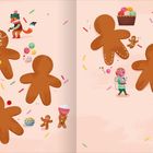 Eine Illustration von Lebkuchenfiguren, verziert mit bunten Streuseln. Ein Fuchs und ein Kind dekorieren sie kreativ.