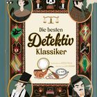 Die besten Detektiv Klassiker. Illustration von klassischen Detektivfiguren und Objekten wie Lupe, Pfeife und Stoppuhr.
