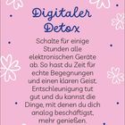 „Digitaler Detox“ und ein Text über die Vorteile der Offline-Zeit auf rosa Hintergrund mit weißen Blumenmustern.