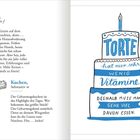 Links stehen Definitionen zu „Kerze“ und „Kuchen“. Rechts eine Illustration einer Torte mit Texten wie „Torte hat nur sehr wenig Vitamine“.
