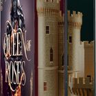 „QUEEN OF ROSES“, daneben ein Buchrücken mit einem goldenen Schloss und Wappen mit Krone und Krallen.