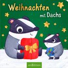 "Weihnachten mit Dachs." Zwei Dachse halten Geschenke. Einer hat ein großes rotes Geschenk mit gelber Schleife.