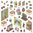 Nummer 2 in der Ecke. Illustrationen von Katzenfiguren in einem Kleidungsgeschäft mit Umkleidekabinen und Regalen.