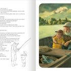 Links: Ein Text über eine Seefahrt, Fische und Abenteuer. Rechts: Illustration eines alten Mannes und Jungen im Boot auf einem See.