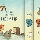 "Bis zu unserem URLAUB noch 99 Tage." Illustration: Zwei Kinder im Wasser mit einem Delfin, links Fotos von Pinguinen.