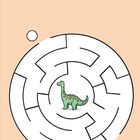 Auf welchem Weg aus dem Labyrinth heraus sammelt Dino Nino die meisten Blätter? Kreuze an. Illustration eines Labyrinths mit einem Dinosaurier in der Mitte.