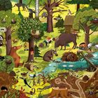 "Mai" oben links. Illustration eines lebhaften Waldes im Frühling mit vielen Tieren, Bäumen und einem Teich.