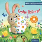 "Frohe Ostern!" steht in Rot. Ein Hase mit Brille hält ein buntes Ei, umgeben von Blumen, Küken und Schmetterlingen.
