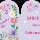 Ich wünsche dir: Glück, Gute Laune, Lebensfreude. Illustration mit bunten Blumen und Schmetterlingen in Herzform.