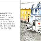 Ein Krankenwagen vor bunten Gebäuden, Text schildert Fridas Unfall und die lebenslangen Schmerzen, die er verursachte.