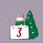 Zahl "3" auf Schild. Hase mit grünem Schal und Weihnachtsbaum. Hintergrund in Lila mit Schneeflocken und Zweigen. Illustration.