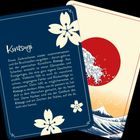 Kintsugi: Texte zur Kunstform und Stärke. Links ein blauer Rahmen mit Text, rechts Illustration von Wellen und rot-weißem Kreis.