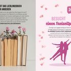 23. LEST DAS LIEBLINGSBUCH DER ANDEREN. Bücher mit Blumen. 24. BESUCHT einen Freizeitpark. Zwei Figuren tanzen, umgeben von Herzen.