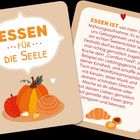 "ESSEN FÜR DIE SEELE" in großen Buchstaben, darunter Illustrationen von Kürbis, Apfel und Brötchen.