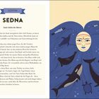 Seite 108. Überschrift: GÖTTIN. SEDNA. Inuit-Göttin des Meeres. Text erzählt von Sednas Geschichte. Illustration: Sednas Kopf im Meer, umgeben von Meeresbewohnern.