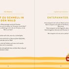 Links: "NICHT ZU SCHNELL IN DEN WALD". Vier Hinweise zu einem Lösungswort. Rechts: "ENTSPANNTER TAG". Szenario zum Entspannen.