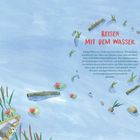 REISEN MIT DEM WASSER: Erklärung über Pflanzen, die mit Wasser reisen. Illustration zeigt Boot, Wasserpflanzen, Holz.