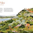 Holyrood Park, Edinburgh, Schottland. Text beschreibt Park mit Vulkan Arthur’s Seat und Aktivitäten. Illustration mit Hügeln und Menschen.