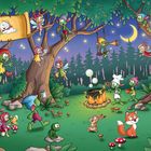 Eine Illustration zeigt eine lebhafte Waldszene mit fantasievollen Waldwesen bei einem nächtlichen Lagerfeuer.