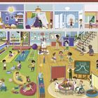 Eine bunte Illustration einer Kita: Kinder spielen, basteln, turnen und experimentieren in verschiedenen Räumen.