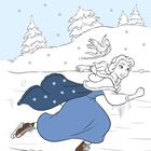 "Belle liebt es, im Winter Schlittschuh zu laufen." Illustration: Frau schlittschuhlaufend im Winter mit Vogel und Tannen.