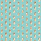 Illustration: Wiederholtes Muster eines Cartoon-Hundes mit großen Augen und lächelndem Gesicht auf blauem Hintergrund.