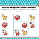 Welches Bild gehört in welches Feld? Puzzle mit Pferd, Geschenk, Figur. Lösung: Jedes Bild nur einmal pro Zeile/Spalte.