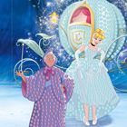 Illustration mit Zahlen auf blauer Kutsche, einer Frau in einem Ballkleid und einer Älteren mit Zauberstab. Zwei Mäuse ziehen.