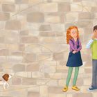 Gemalte Szene: Ein Hund folgt einer gepunkteten Linie. Ein Mädchen und ein Junge schauen nachdenklich. Hintergrund aus Stein.