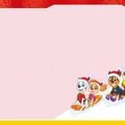 Oben ein roter Rand, unten gelber Rand. Rechts vier fröhliche Figuren mit Weihnachtsmützen auf Schlitten.