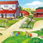 Texte: „Wo wird gerade geerntet?“, „Wohin fährt der Traktor?“. Illustration eines Bauernhofs mit roten Dächern und Tieren.