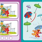 Links: Zwei Baseballszenen, eine mit Checkmark. Rechts: Bunte Regenschirme, Elmo und Freund mit Schirm im Regen.