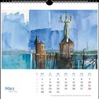 März Kalenderblatt, Illustration zeigt eine Hafenansicht mit Statue vor blauem Himmel und Wasser im Hintergrund.