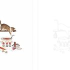 Eine Illustration zeigt eine Katze, die mit der Pfote in einen Topf mit Blumenmuster greift. Küchenutensilien sind verteilt.