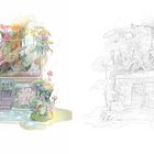 Illustration eines Gebäudes mit üppiger Vegetation, Blumen und Blättern; eine harmonische Verbindung von Natur und Architektur.