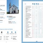 Links: Auflistung von Touren und Seitenzahlen. Rechts: Tabelle mit Tourinformationen. Mitte: Foto einer Kirche.