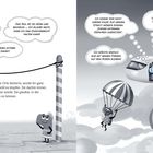 Links überlegt eine kleine, ängstliche Socke auf einem Seil: „Wird dies mein letzter Spaziergang sein?“ Rechts steht die Socke verzweifelt an einer Flugzeugtür.