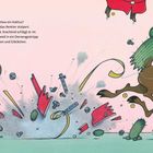 Text über Schlittenunfall in Kakteen. Weihnachtsmann fliegt durch die Luft, Rentiere stolpern, Kaktusteile, Schrauben.