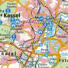 Städtenamen: Kassel, Baunatal, Lohfelden. Symbolik: Wanderwege, Autobahnen, Sehenswürdigkeiten, z.B. Bad Wilhelmshöhe.