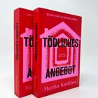 Titel: "Tödliches Angebot." Autor: Marisa Kashino. Genre: Psychothriller. Cover: Rote Bücher mit rosa Haus-Symbol.